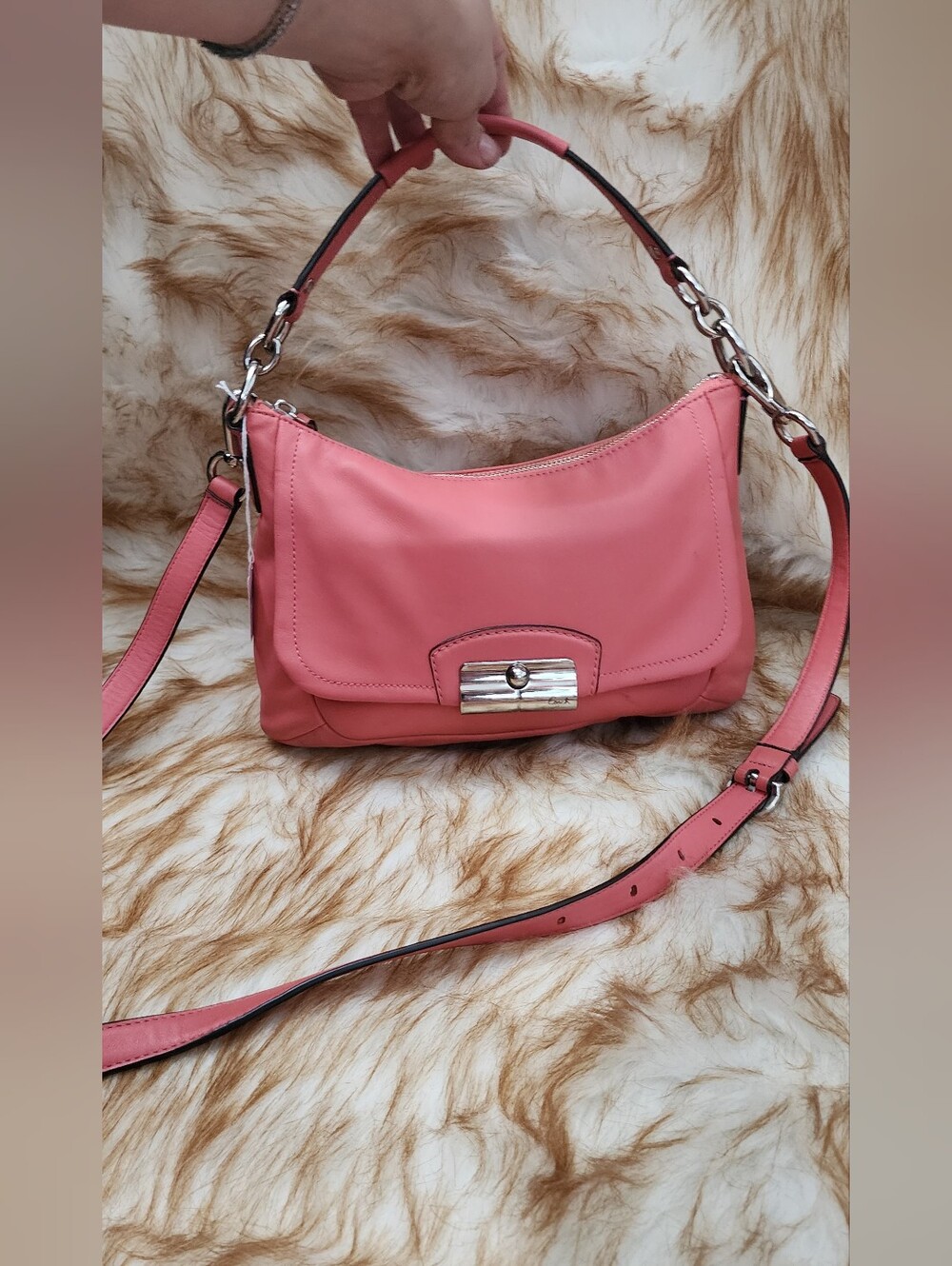 Coach Coral Pink Leather Shoulder Bag with Chain Strap